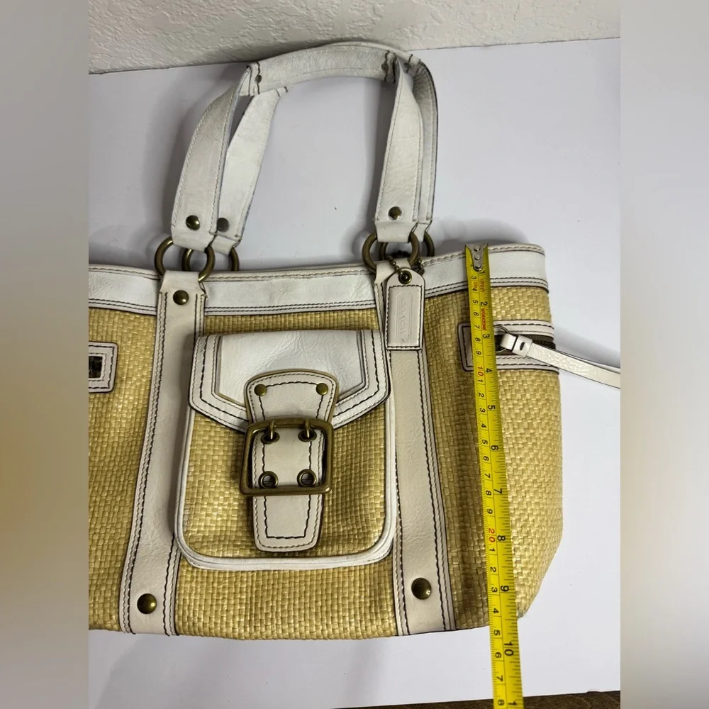 Vintage Y2K COACH White Leather Trim Tote Handbag LEGACY w Natural Straw Purse